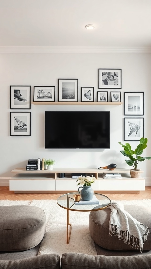 A stylish living room featuring a Frame TV integrated into a gallery wall of framed art and photographs.
