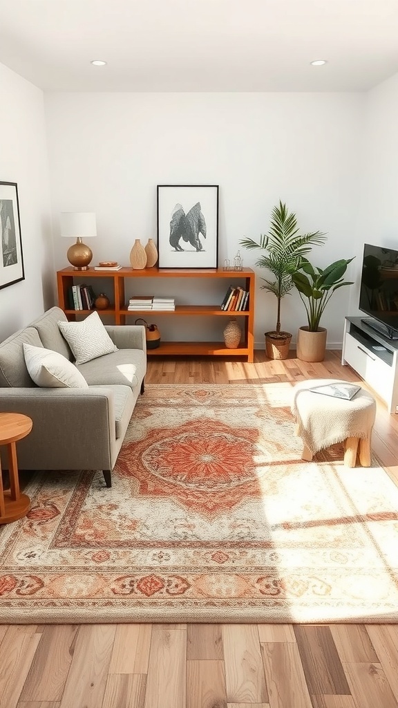 Stylish living room featuring a large area rug under a gray couch and wooden furniture.