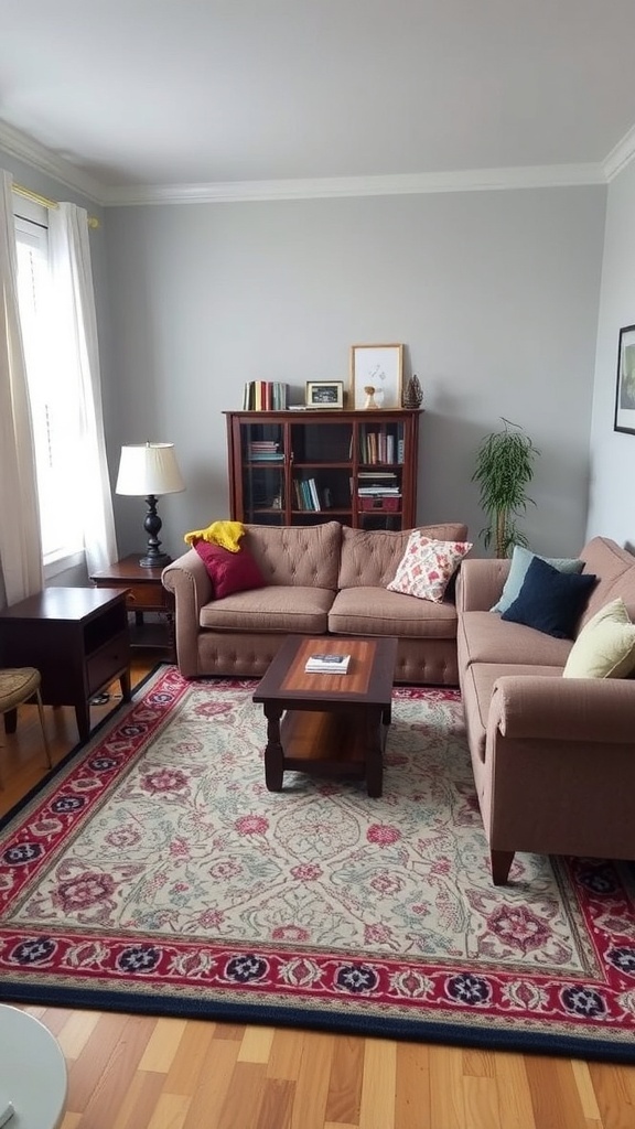 Cozy small sitting room with a decorative area rug, comfortable sofa, and a coffee table.