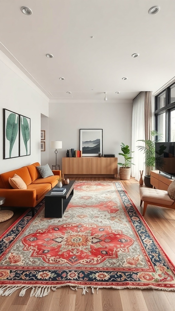 A long living room with an orange sofa and a vibrant area rug.
