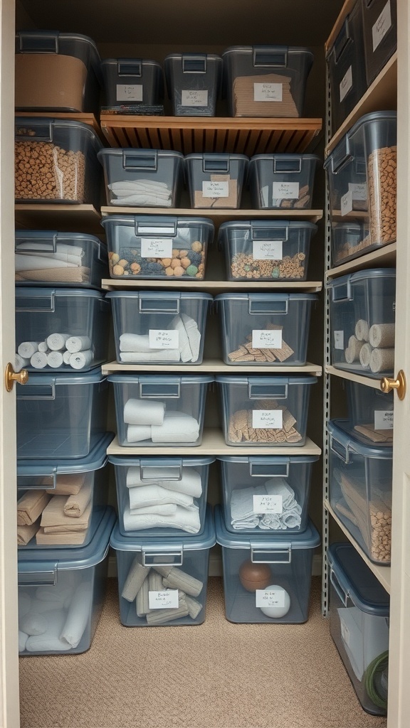 A well-organized closet with clear containers filled with various items, all labeled for easy visibility.