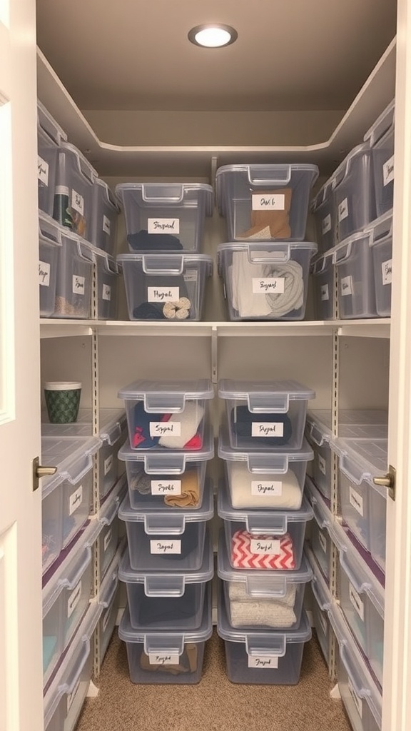 Organized small walk-in closet with labeled clear storage bins