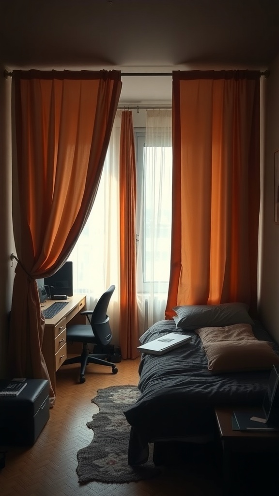 A small bedroom with orange curtains separating the bed from a workspace.