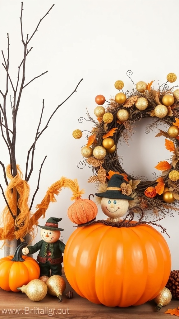 A decorative pumpkin wreath surrounded by autumn-themed accessories, including scarecrows and golden ornaments.
