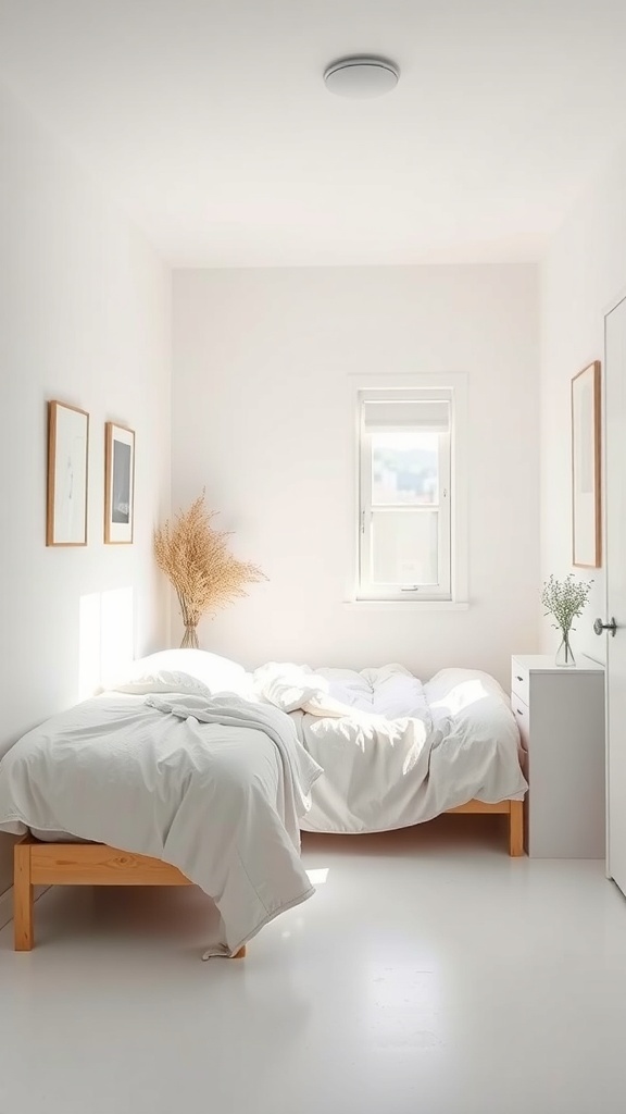 A small bedroom with white walls, light wood furniture, and minimal decor, creating an open and airy feel.