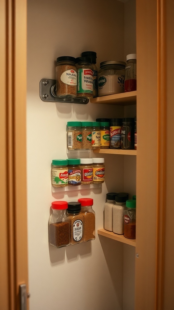 A small corner pantry with spices organized on magnetic strips.