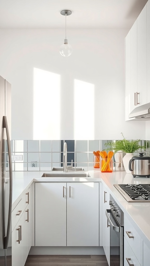 A bright and modern small kitchen with white cabinets, a sink, and natural light.