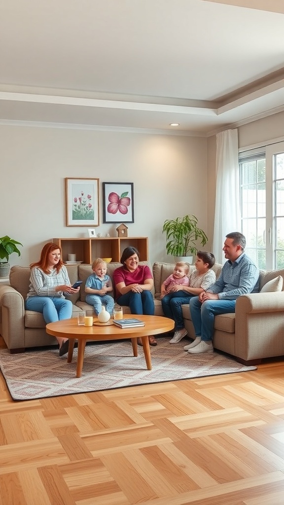 Family gathered in a cozy living room with a sectional sofa