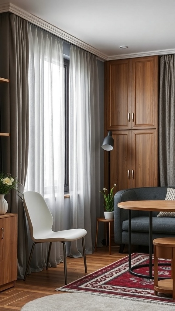 Cozy apartment interior with soft curtains, wooden furniture, and a decorative rug.