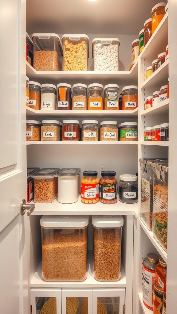 Organized small corner pantry with clear containers and labeled jars.
