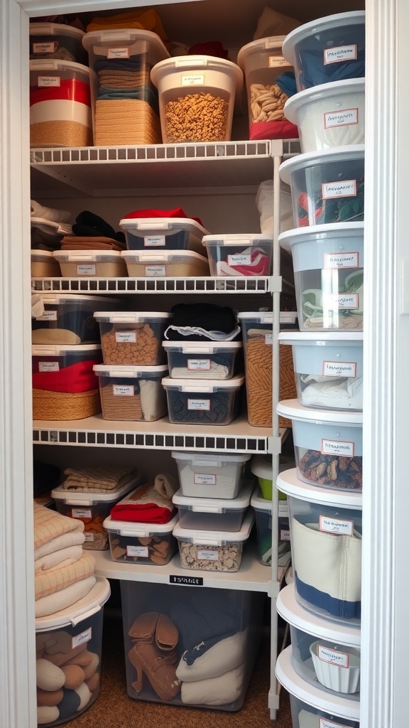 A well-organized closet with clear storage bins, neatly labeled and stacked.