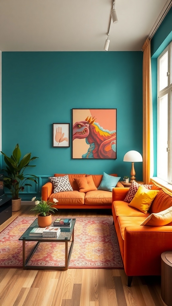A vibrant living room featuring teal walls, an orange sofa, and colorful artwork.