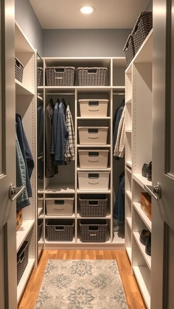 An organized small walk-in closet featuring corner storage solutions.