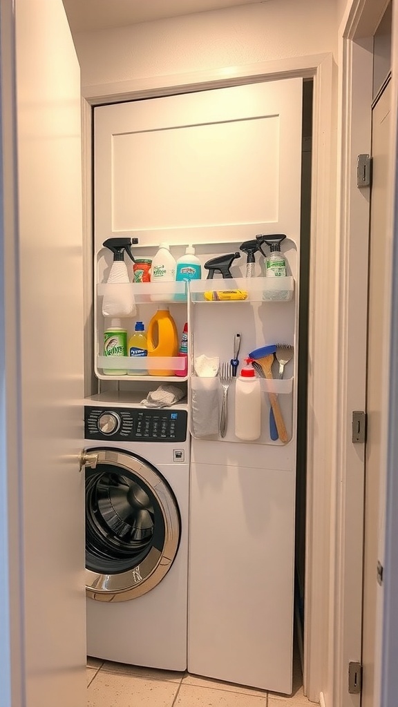 A small laundry room with a door-mounted organizer holding cleaning supplies next to a washing machine.