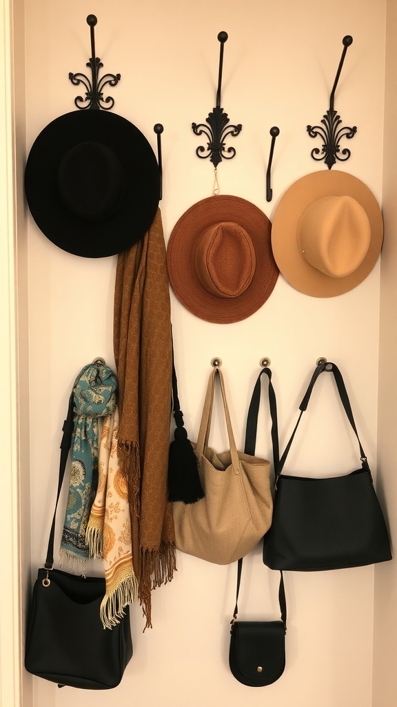A wall with decorative hooks displaying hats, scarves, and bags.