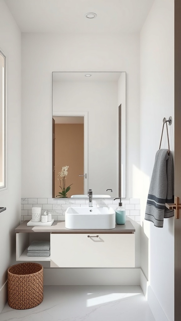 A modern small bathroom featuring a large mirror above a sleek sink with minimalistic design elements.