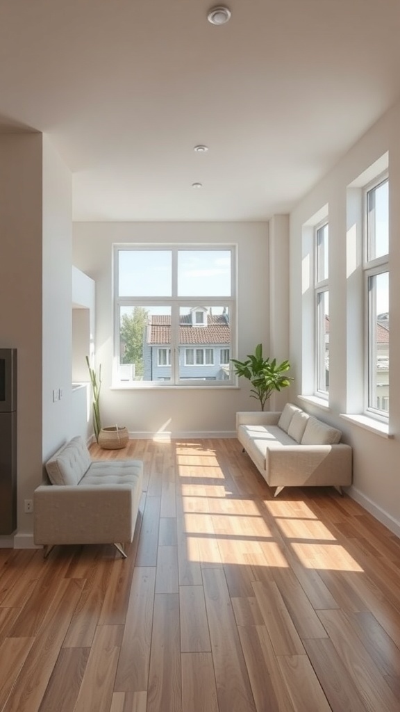 Bright and airy small apartment with large windows and minimal furniture.