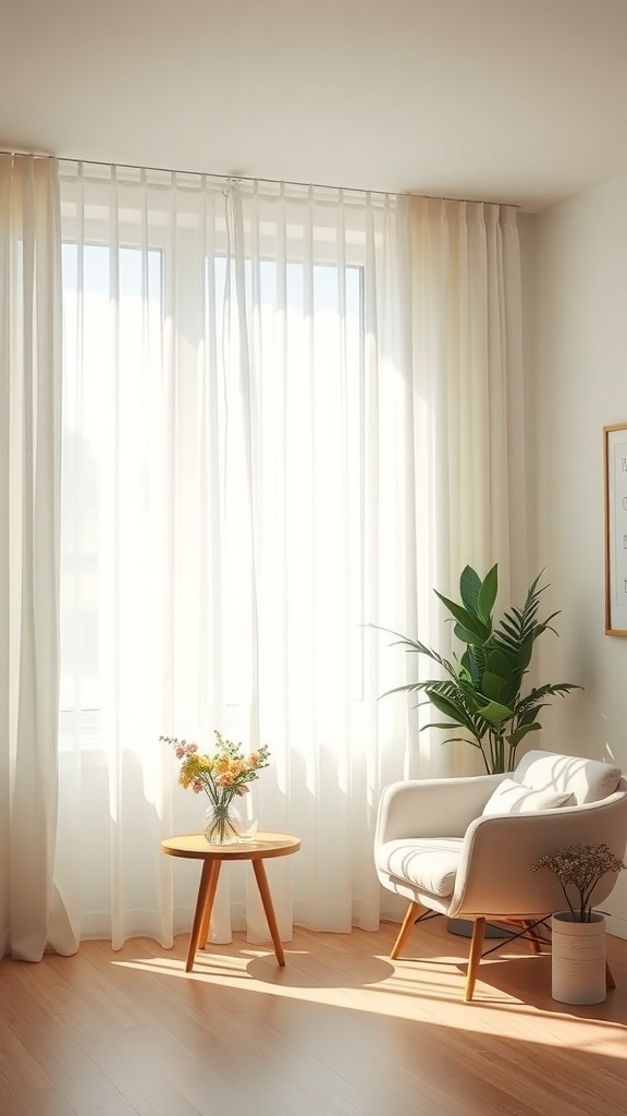 A light-filled sitting room with sheer curtains and minimalist furniture.