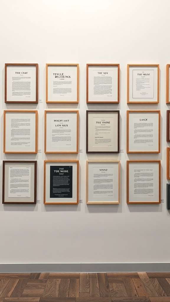 Gallery wall featuring framed artworks and text on a clean wall.