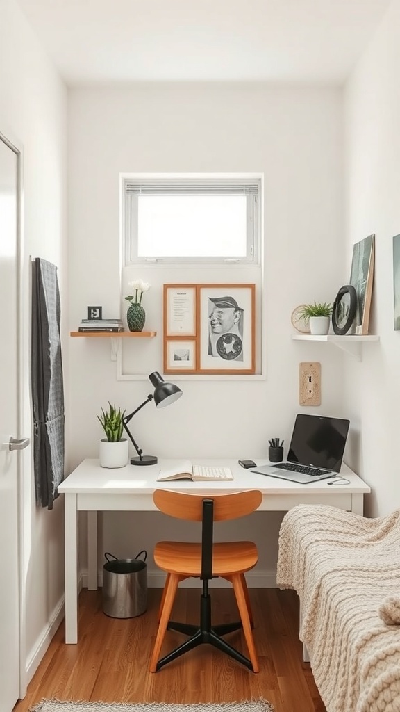 A cozy workspace in a studio apartment featuring a desk, chair, and decorative elements.