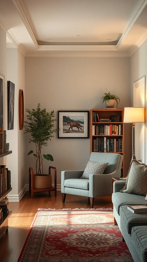 A cozy reading nook in a long living room with a chair, plant, and bookshelves.