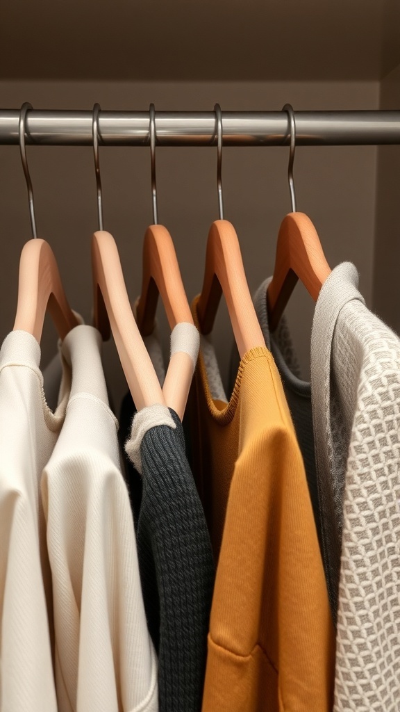 A close-up view of a closet with clothing on slim hangers, showcasing a variety of colors and styles.