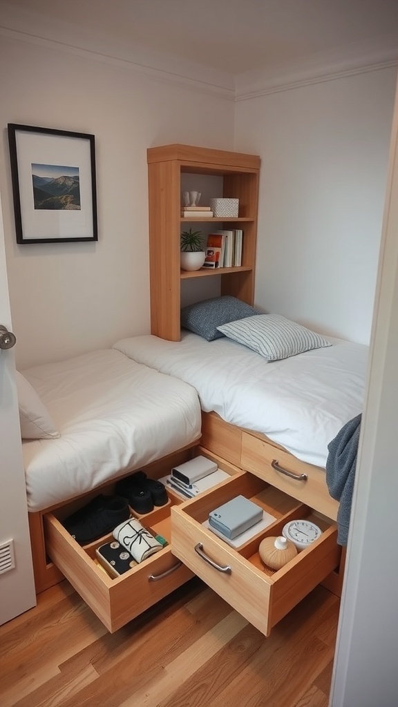 A small bedroom with two beds featuring under-bed storage drawers.