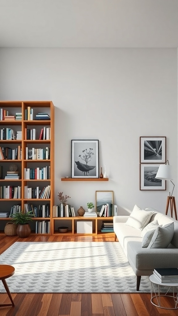 A stylish living room featuring a tall bookshelf filled with books and decorative items, complemented by framed art on the walls and a cozy couch.
