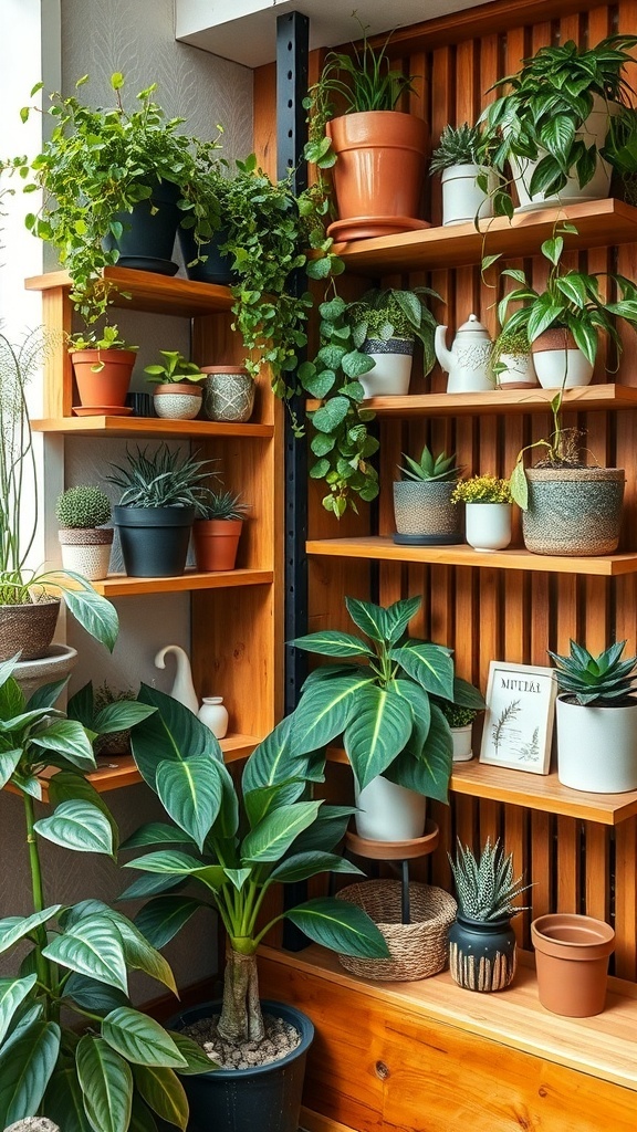 A set of wooden shelves filled with various potted plants, including succulents and trailing vines, creating a vibrant indoor garden.
