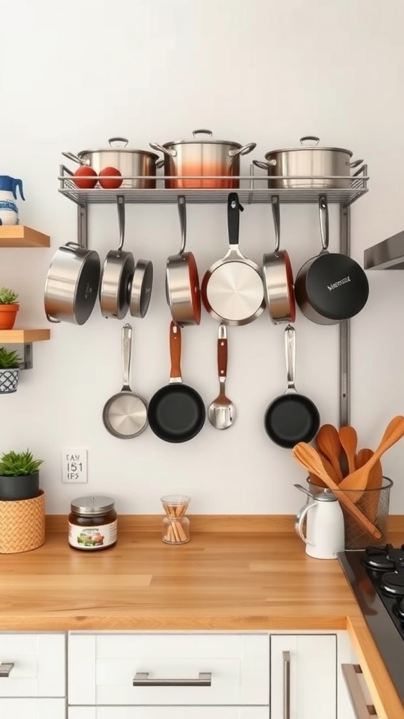 A wall-mounted pot rack displaying various pots and pans in a small kitchen.