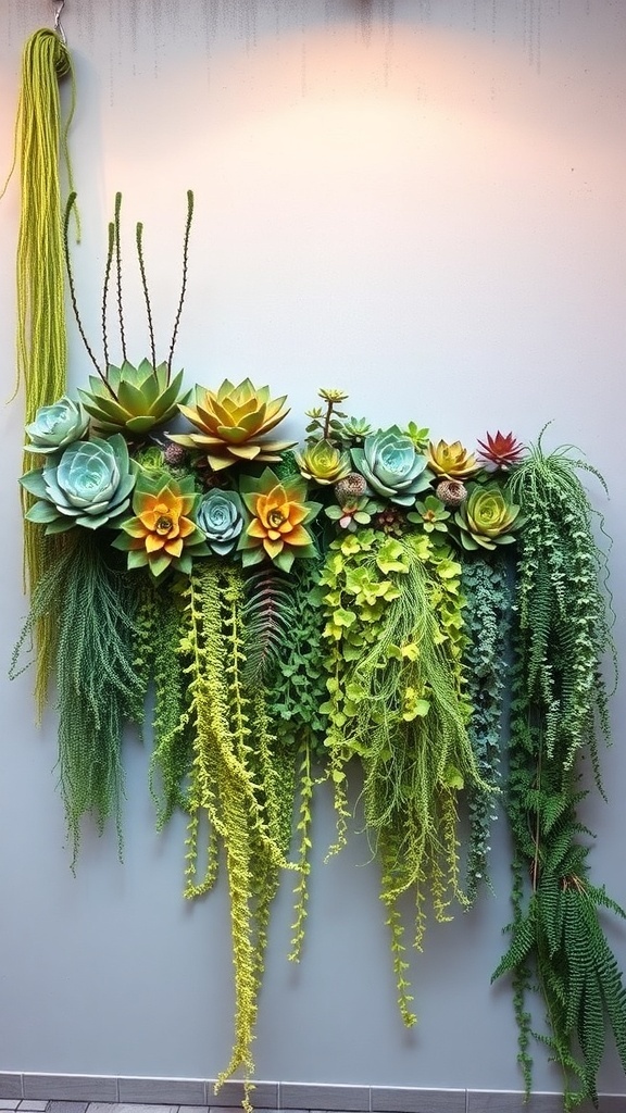 A vibrant vertical garden with various succulents and trailing plants on a wall.