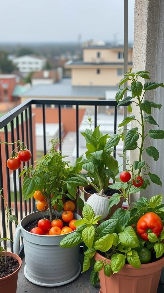A balcony garden with various potted vegetables including tomatoes and herbs.