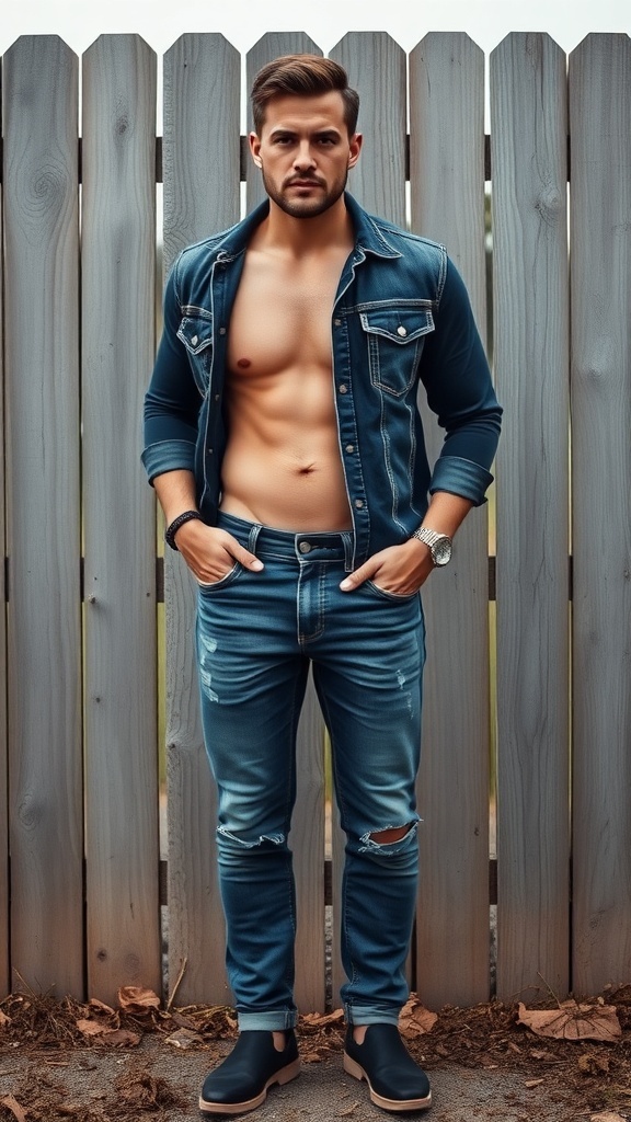 A man wearing a denim shirt and distressed jeans, standing in front of a wooden fence.