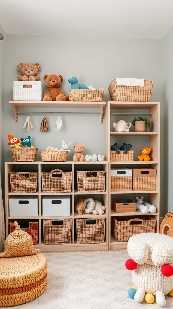 A well-organized nursery with shelves and baskets for toy storage, featuring a neutral color scheme.