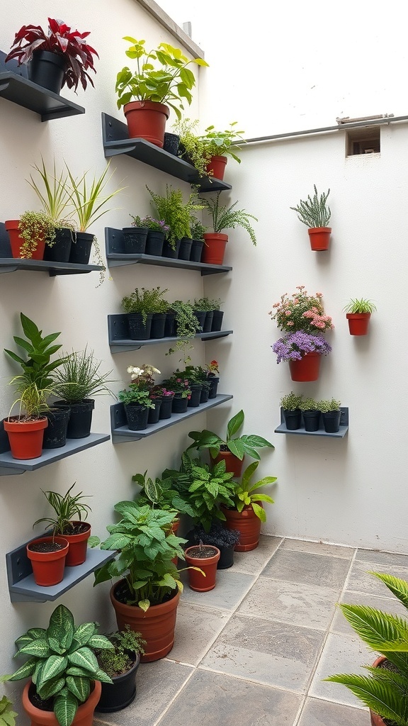 A small courtyard with vertical garden displays featuring various plants in pots on shelves.
