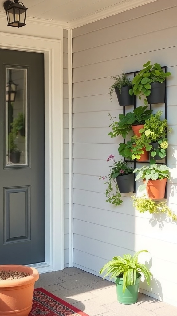 A charming vertical garden display with various potted plants on a tiny front porch.