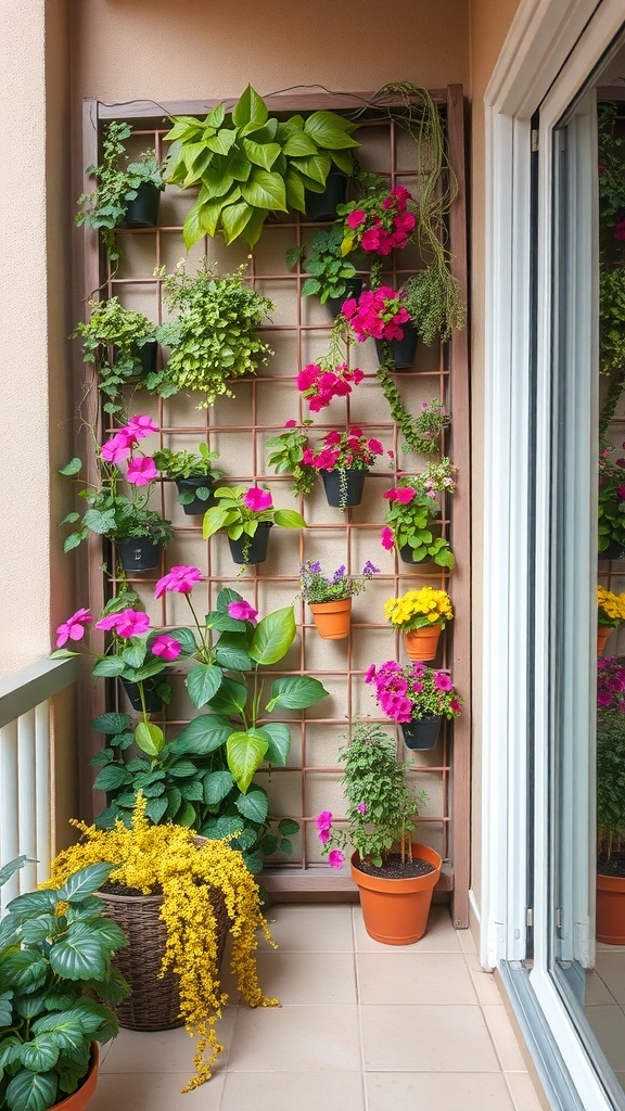 A vertical garden on a small balcony with colorful flowers and green plants arranged on a wooden trellis.