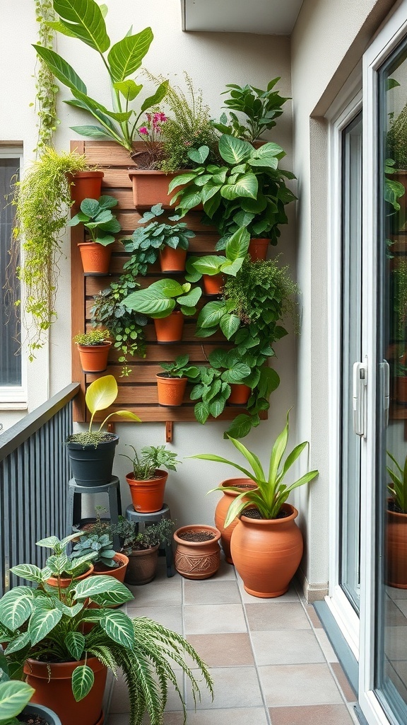 A vertical garden on a balcony featuring various potted plants arranged on a wooden panel.