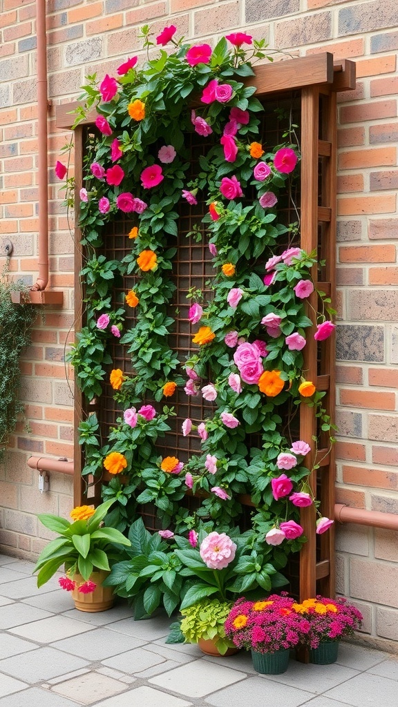 A vertical garden featuring a wooden trellis covered with colorful flowers, surrounded by potted plants.