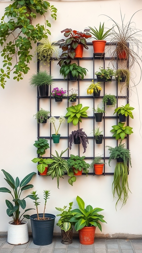 A vertical garden with various plants arranged on a wall-mounted grid.