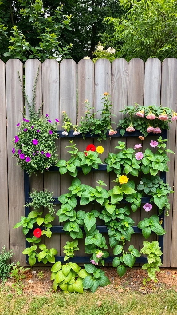 A vertical garden with colorful flowers and green leaves on a wooden fence.