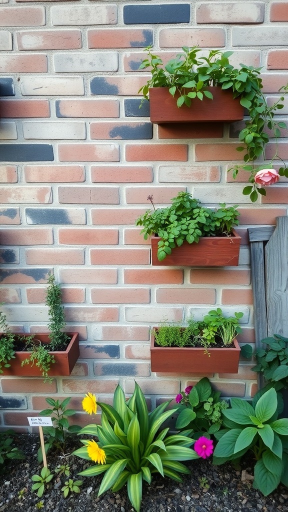 Vertical garden with wall-mounted planters filled with herbs and flowers against a brick wall.