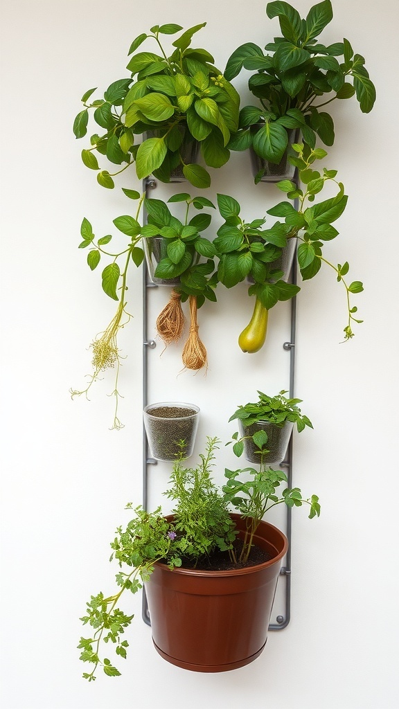 Vertical garden with various herbs in pots mounted on a wall