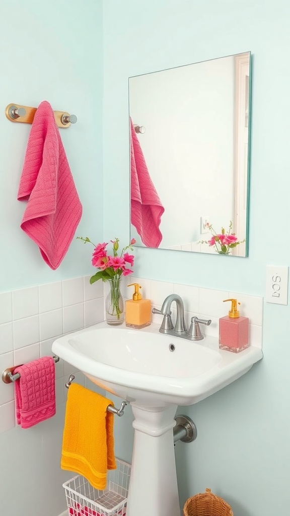 A bathroom sink with colorful towels and accessories, featuring pink and yellow towels, a small vase of flowers, and bright soap dispensers.