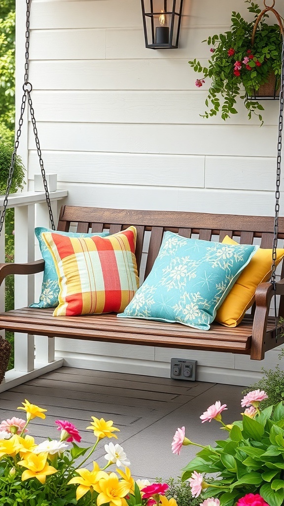 A wooden swing on a porch with colorful outdoor pillows and blooming flowers.