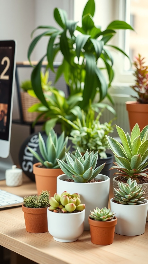 A variety of vibrant plants and succulents in small pots on a desk