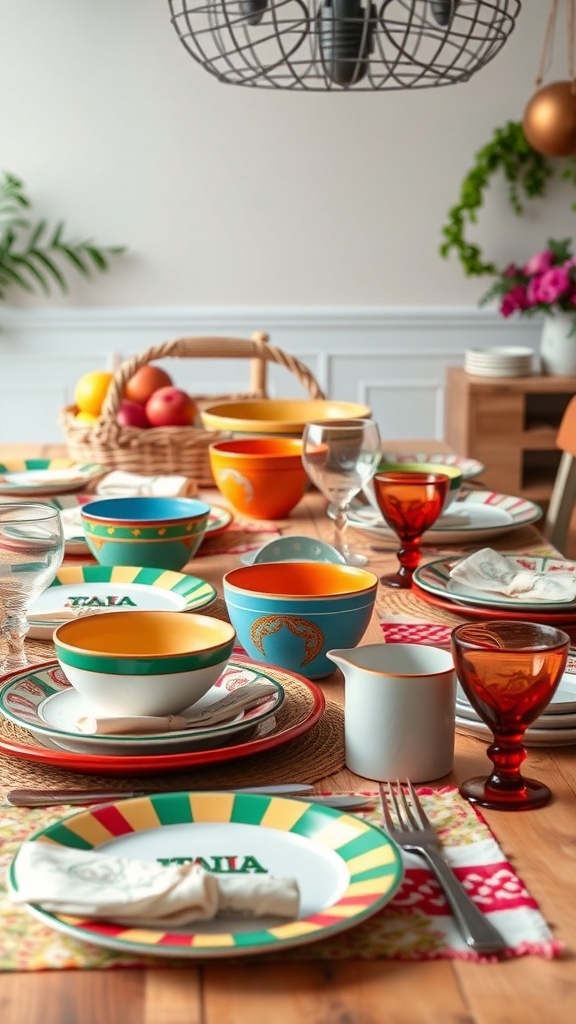 A vibrant Italian table setting with colorful plates, bowls, and glasses, featuring a basket of fruits.