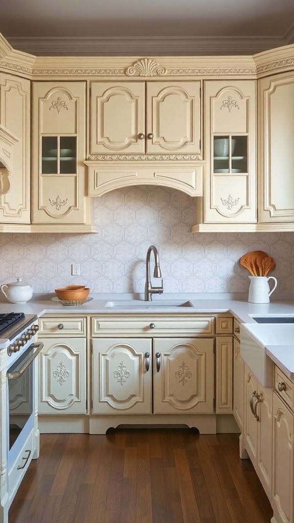 Vintage-inspired kitchen cabinets in cream color with intricate designs and glass panels.