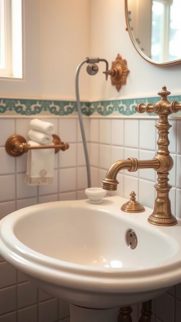 A vintage-inspired bathroom sink with brass fixtures and decorative tiles.