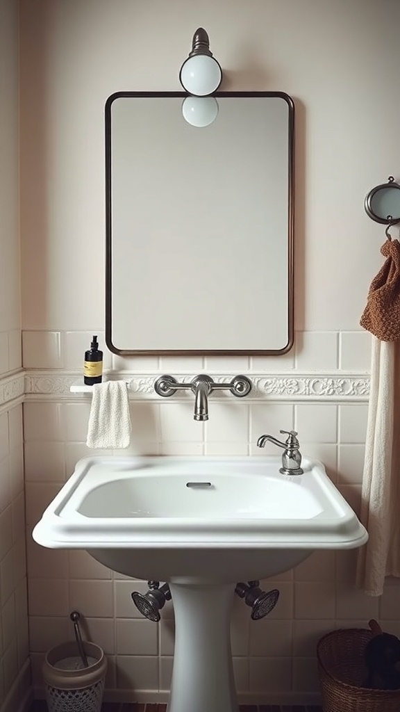 A vintage-inspired bathroom sink with a square basin, elegant faucet, and a wall-mounted mirror.